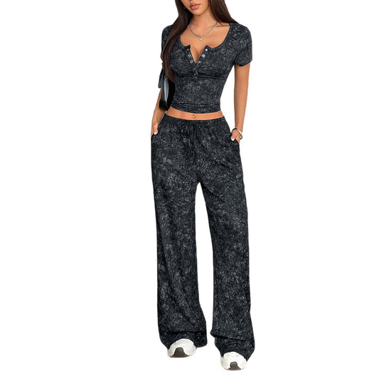 Button Short Sleeve Wide Leg Long Pants Set for Women