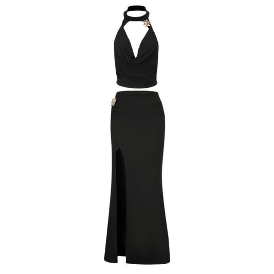 Backless Swing Collar Neckline Waist-Cinching Top with  Skirt set
